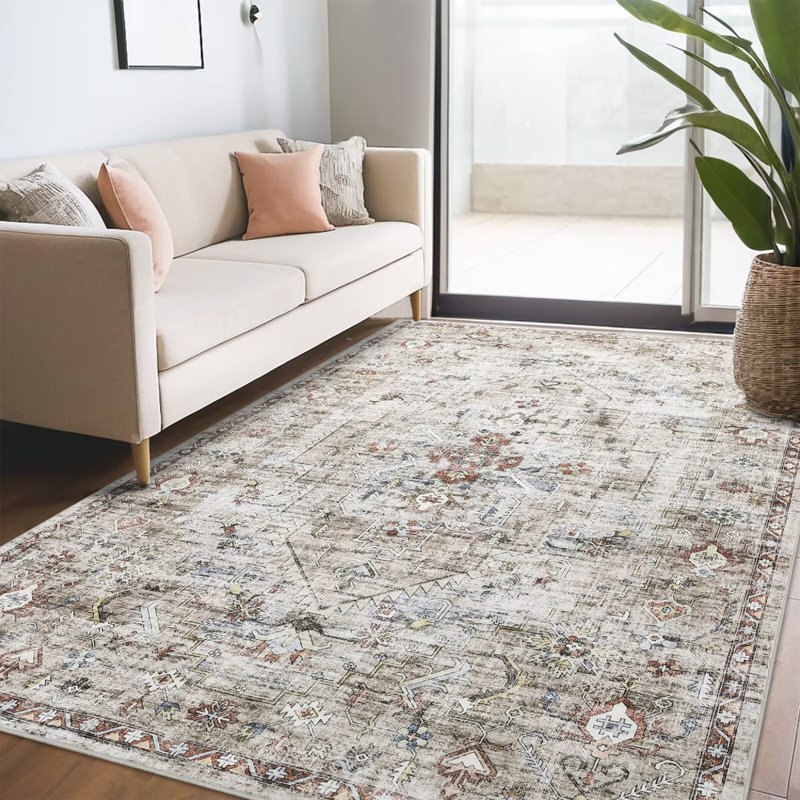 Washable Area Rug for Living Room Boho Vintage Rug Non Slip Throw Rugs Floral Bedroom Rug, Rectangle 10' x 13'
