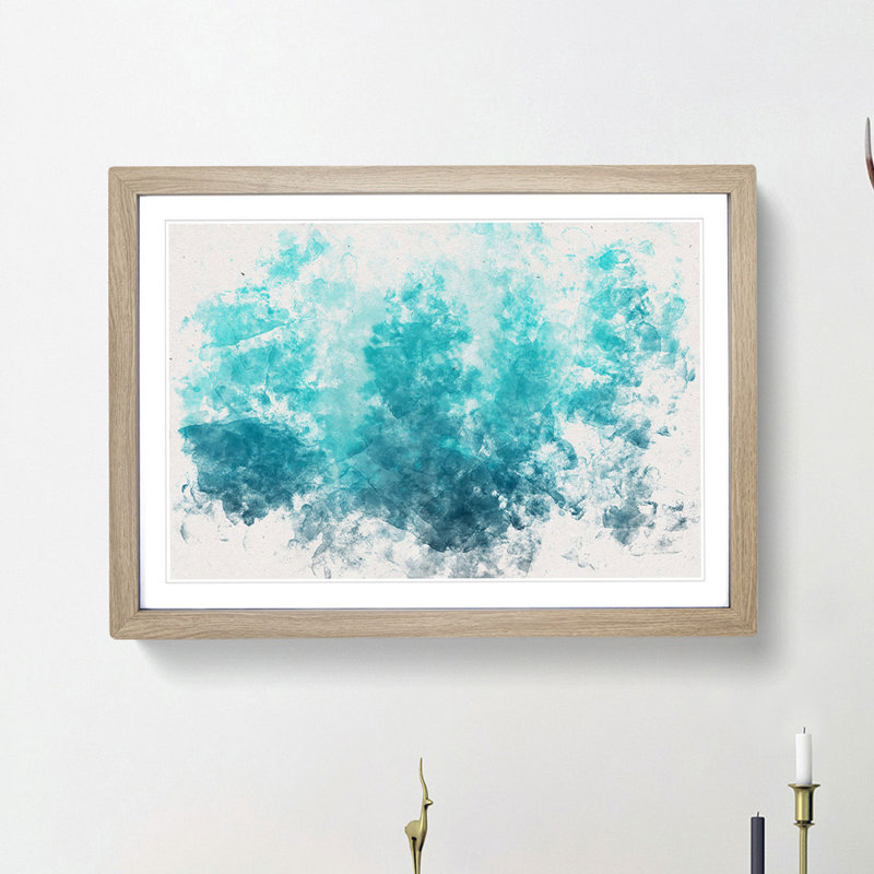 Teal Blue Forest Watercolour - Picture Frame Graphic Art Print on MDF, 45cm H x 63cm W x 2cm D, Oak Framed