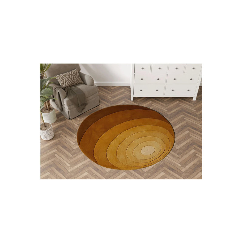Yellow Orange Geometric Slice Patterned Modern Woven Base Round Decorative Carpet, Round 5'