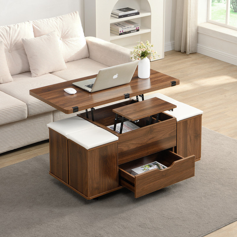 Table basse multifonctionnelle à plateau relevable avec rangement dissimulé et tabourets inclus, Noyer