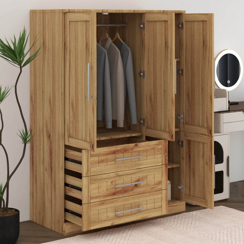 Armoire penderie 4 portes avec 3 tiroirs, Naturel