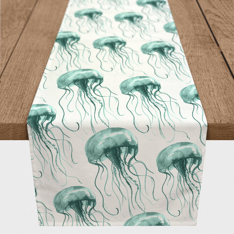 Chemin de table baleines Mckinley, L 90 po x l 16 po, Bleu sarcelle, Imprimé animalier 2