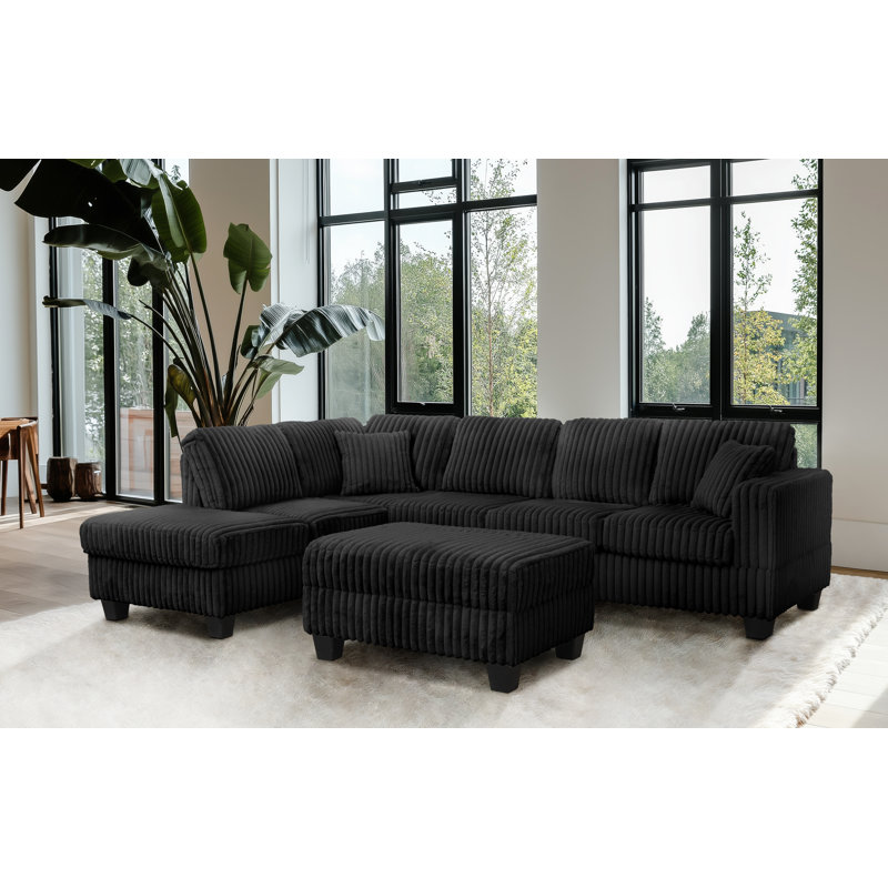 Vega 108" Faux Fur Reversible Sectional With Storage Ottoman, Black Corduroy