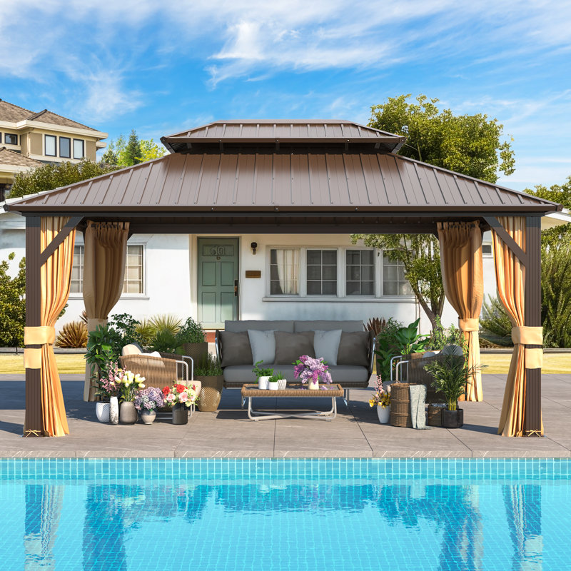 Pavillon de jardin en aluminium robuste avec double toit en acier galvanisé, auvent extérieur à toit rigide avec rideau et moustiquaire pour terrasse de patio et spa
