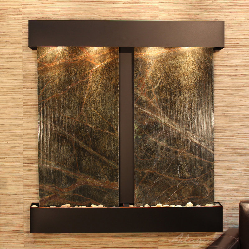 Aspen Falls Wall Fountain with Light, Blackened Copper, Rainforest Green Marble