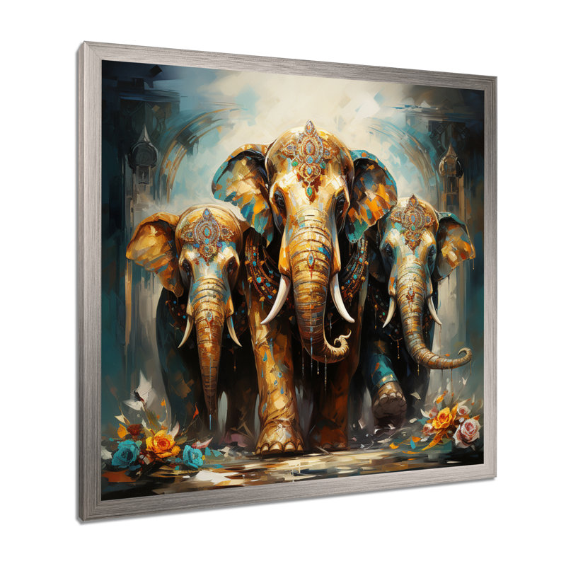 Art asiatique, éléphants thaïlandais X - Art mural asiatique, Cadre photo argenté, H 36 po x l 36 po x P 1,5 po