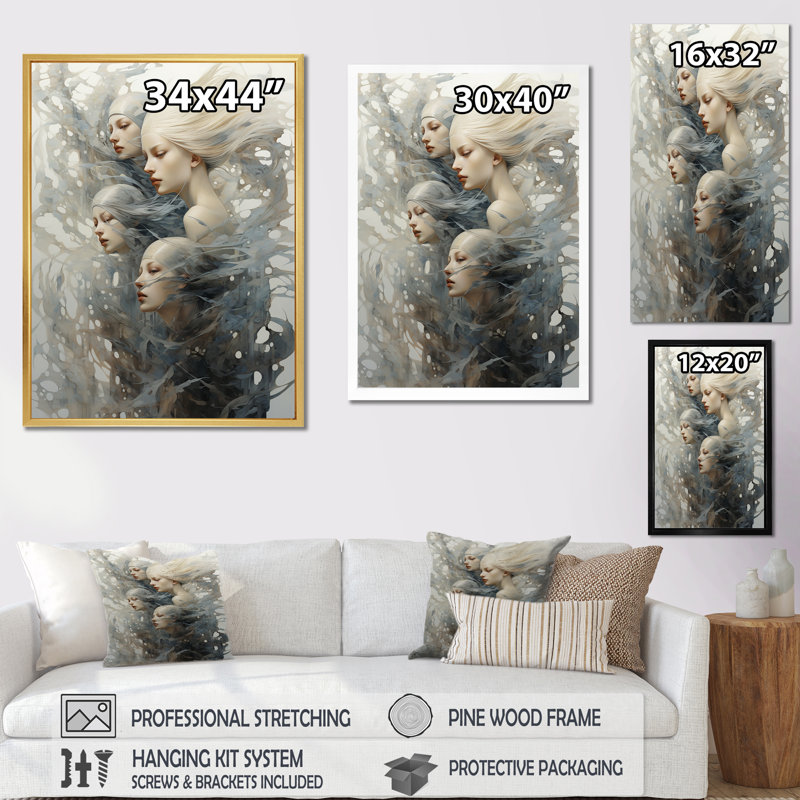«Woman Mermaids Expression» sur toile, Cadre flottant doré, H 44 po x l 34 po x P 1,5 po