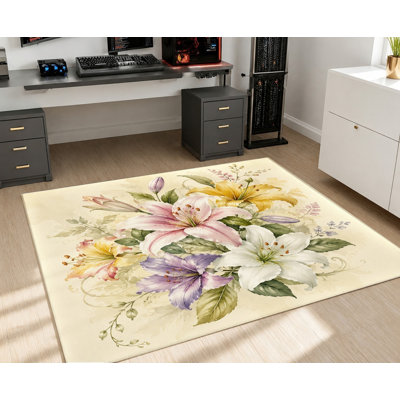 Tapis aquarelle à motif floral lys, fleurs jaunes, blanches et mauves, tapis de sol antidérapant botanique à motif artistique, décoration intérieure vibrante pour le salon, la chambre à coucher, la salle à manger, le couloir, le bureau