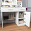 Table de maquillage avec miroir à DEL professionnel, prise de courant, 3 tiroirs, 7 tablettes et tabouret de rangement - blanc, comptoir extensible, rangement intelligent, éclairage réglable, design moderne