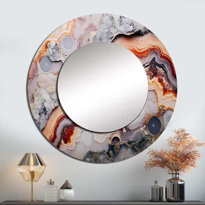 Beige And Peach Stone Geode Simplicity - Stone Geode Large Wall Mirror, Beige Round Unique Mirror, Printed Metal Art