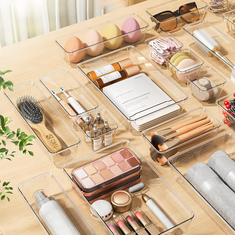 25 pièces de rangement de tiroir en plastique transparent 4 tailles de rangement de bureau