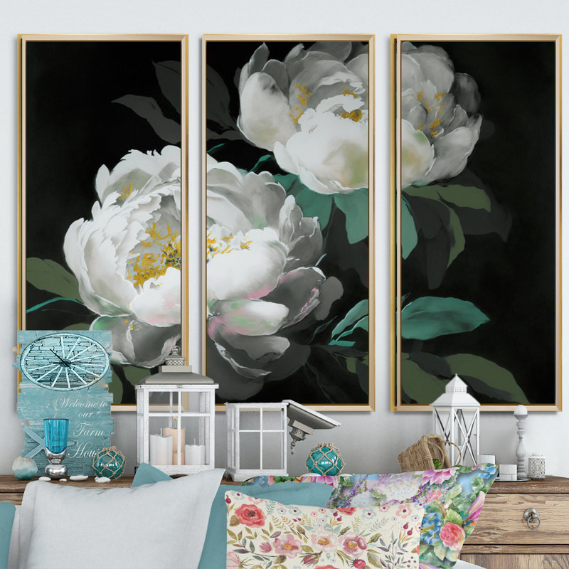 Blooming White Peony IV - 3 pièces, reproduction sur toile, H 20 po x l 36 po x P 1 po, Or