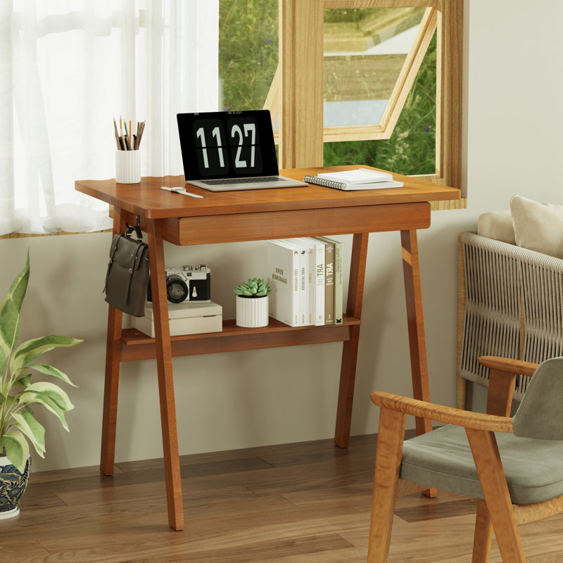 100% Solid Wood Desk With Drawers - Mid Century Modern Desks With Drawers & Storage Shelf, Small Writing Desk For Small Spaces, Home Office Desks For Bedroom & Home