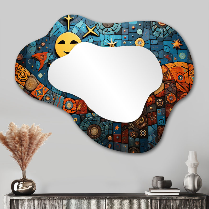 Blue and orange Boho Mosaic Medley - Boho Mosaic Asymmetrical Wall Mirror, Bohemian Cloud Decorative Mirror, Printed Metal Art