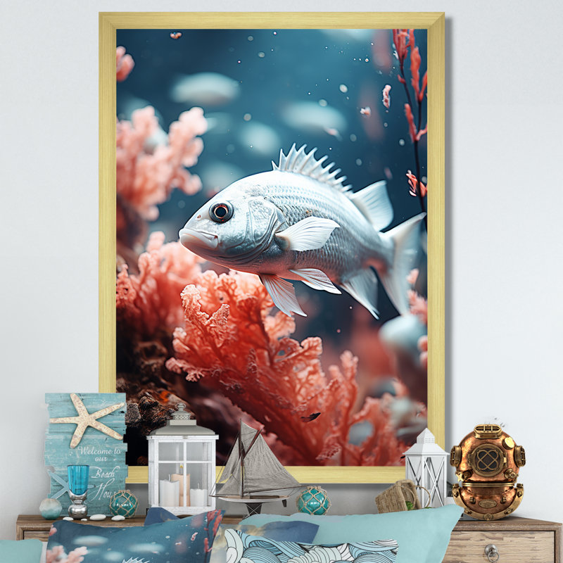 Danse de poissons monochrome bleue et grise, Black Picture Framed, 44" H x 34" W