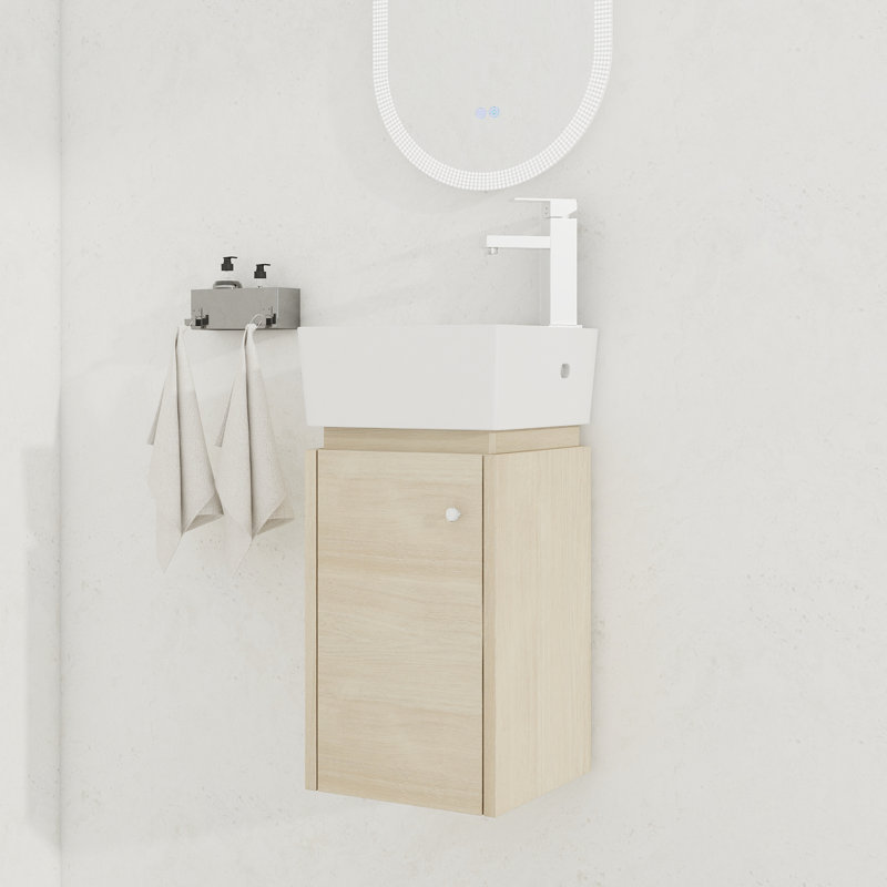 Meuble-lavabo simple de coin 12 po avec plateau en céramique Vanyo, Chêne clair uni
