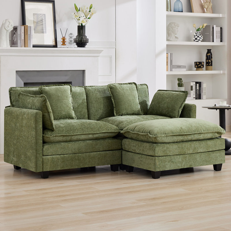 Canapé modulaire rembourré en chenille avec repose-pieds Chenille, 2 Seat + 1 Ottoman, Vert