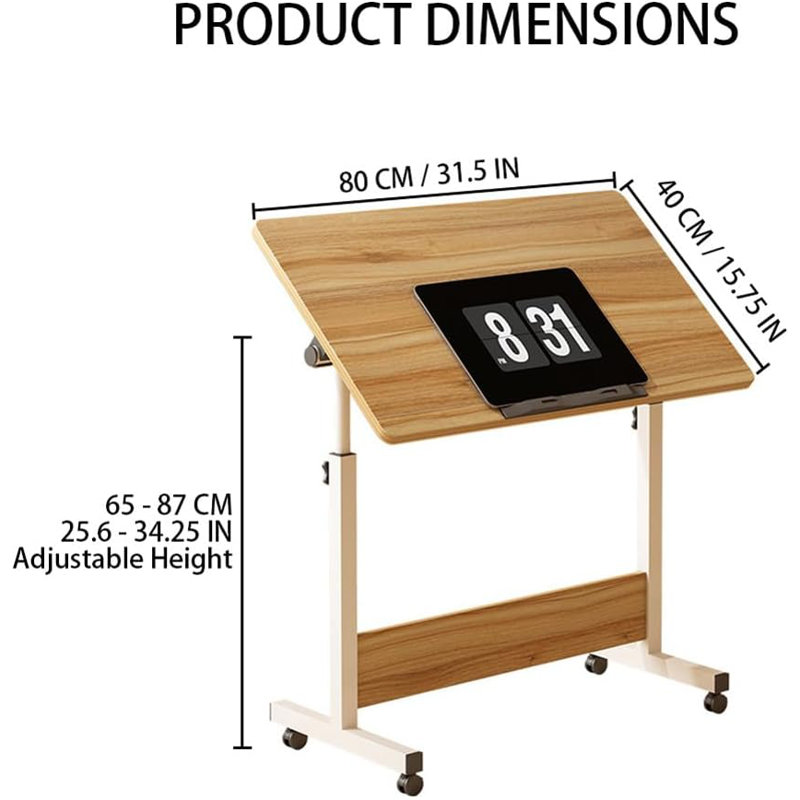 Bureau debout à hauteur réglable, bureau mobile pliable avec roulettes, Naturel