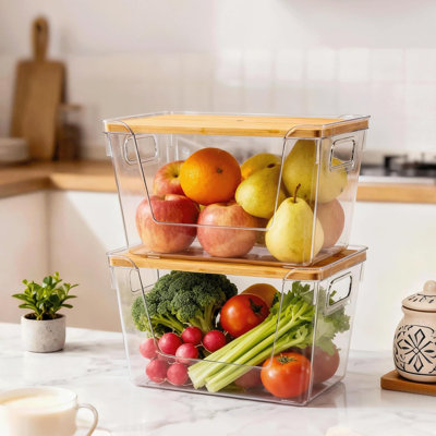 2 Set Pantry Organizers and Storage with Bamboo Lids, Stackable Clear Bins for Onion, Potato, Fruit, Vegetables, Trash Bag Dispenser, Kitchen and Unde
