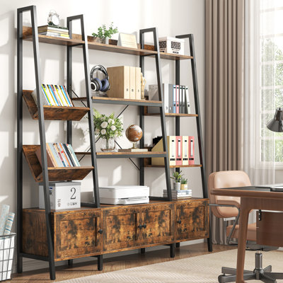 Tall Ladder Bookcase With 3 Storage Cabinets And X-frame Support, 5-tier Open Shelving Unit For Living Room & Home Office