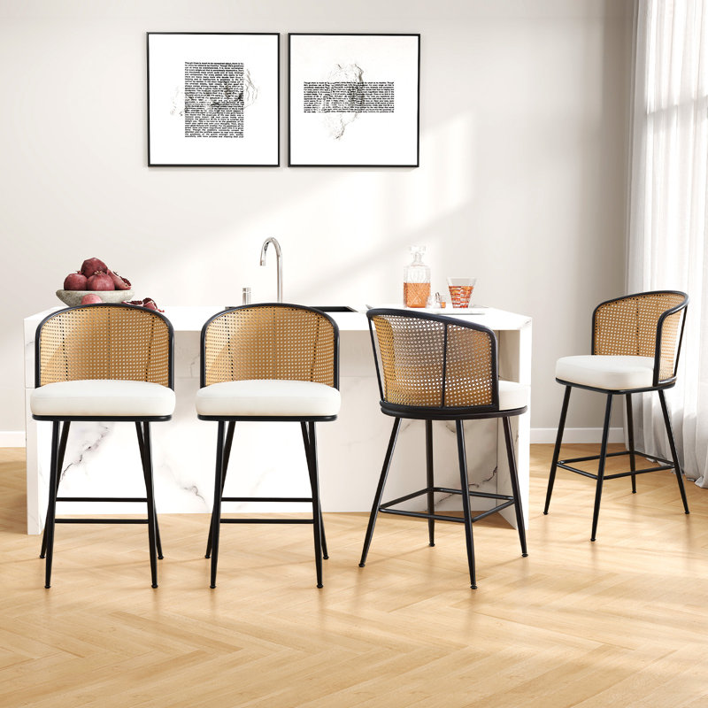 Tabouret rembourré Cane, Tabouret de comptoir (siège d'une hauteur de 26 p, Blanc, 4