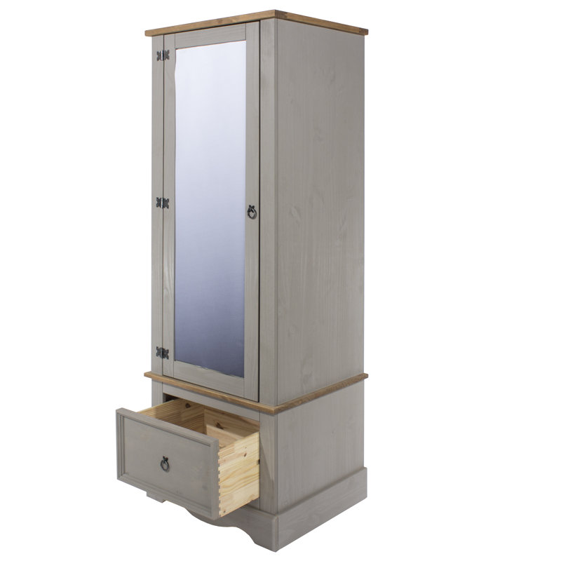 Apache 1 Mirrored Door, 1 Drawer, Compact Wardrobe, Pine, Waxed Finish, Corona Design, Grey