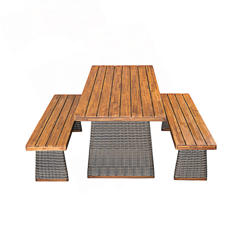 Ensemble repas d'extérieur 3 pièces avec pieds en rotin tissé à la main, 3 pièces: table, 2 bancs, Gris
