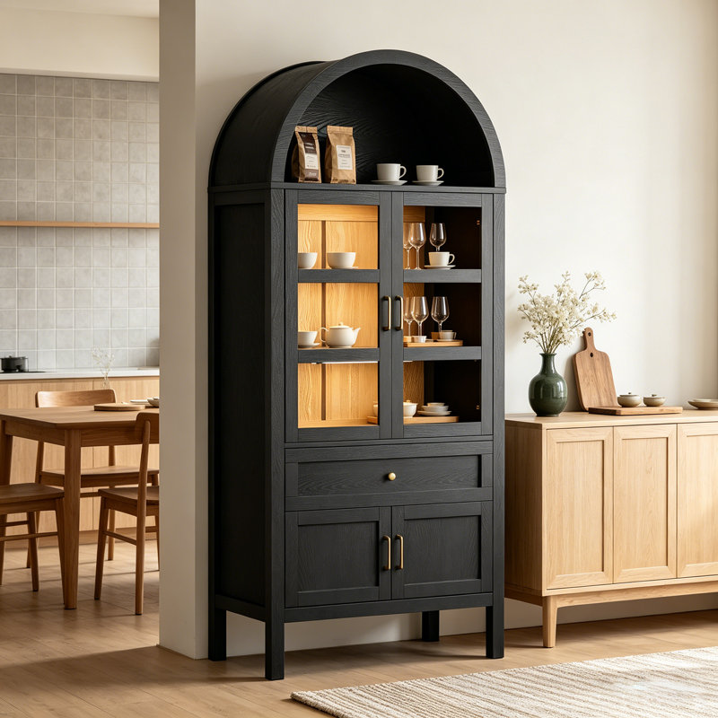 71'' Tall Arched China Cabinet with Wireless Smart Lights, Adjustable Shelves, Tempered Glass Doors, Drawer, Kitchen Pantry Cabinet