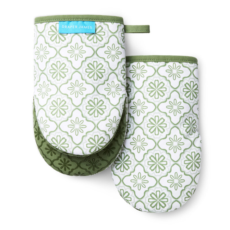 DRAPER JAMES Allover Geo Floral Mini Oven Mitt 2-Pack Set, Heat Resistant & Non-Slip Silicone Grip, Seafoam Green, 5.5"x9"