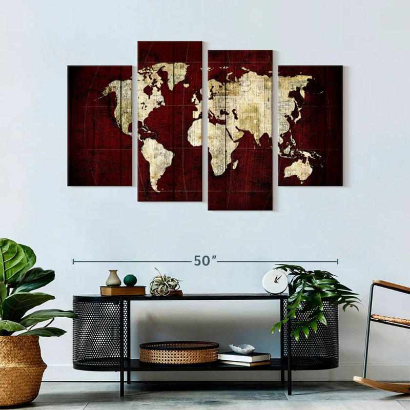 " White On Red World Map " 4 - Pieces, 32" H x 52" W