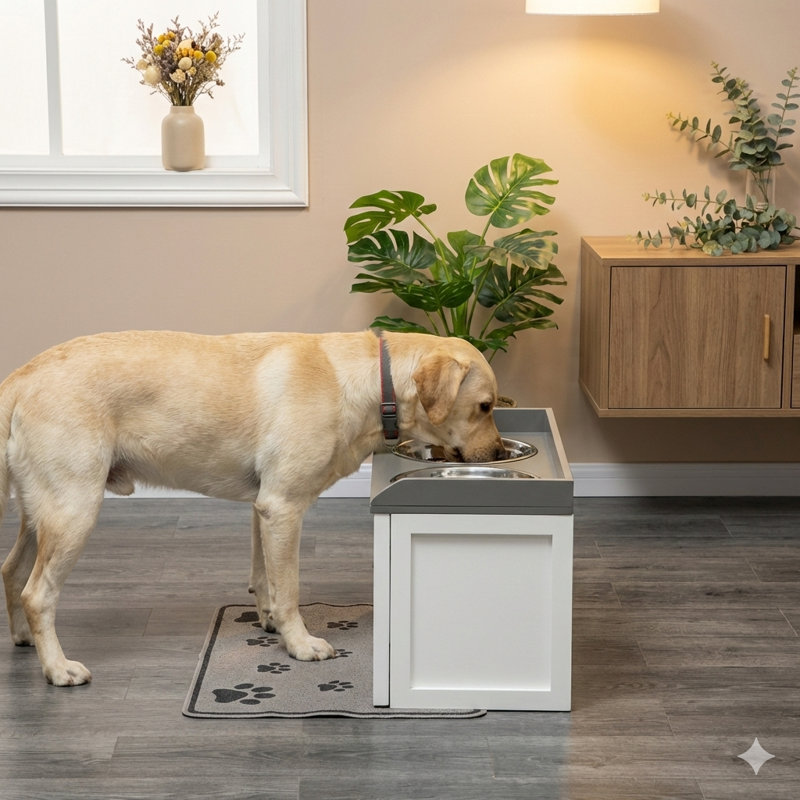 La station d'alimentation canine comprend un tiroir de rangement, une armoire de rangement pour nourriture pour chien, y compris 2 bols surélevés amovibles, conçue pour les chiens de grande taille, avec une finition en blanc