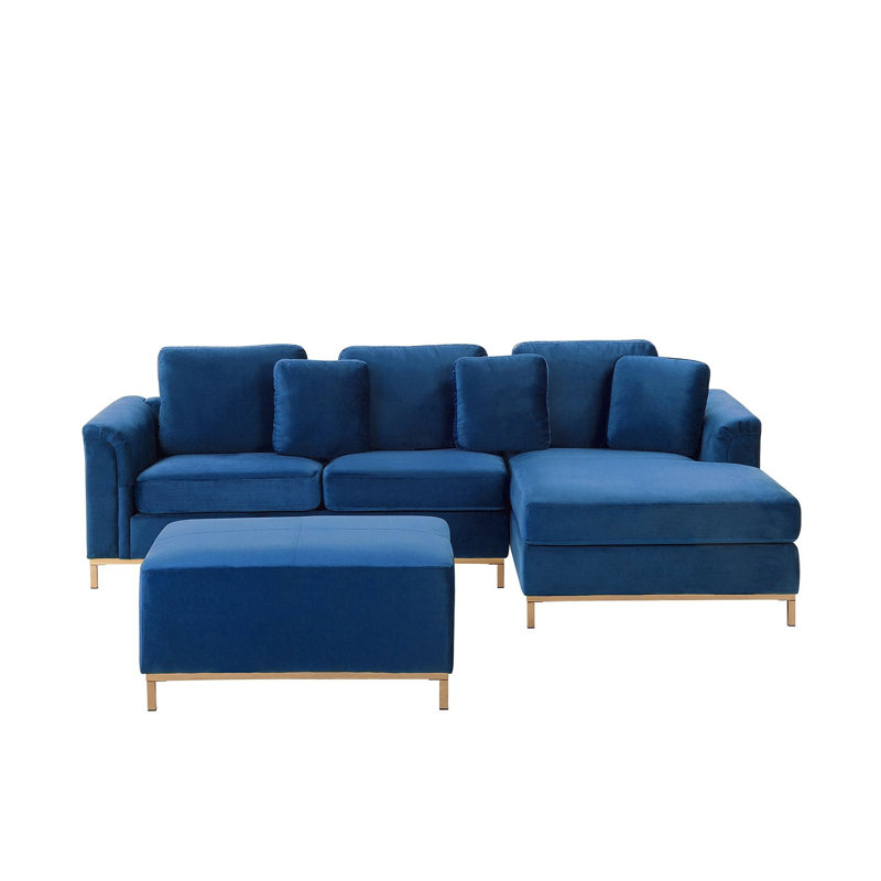 Kaya 4 Seater Velvet Corner Sofa , Right Hand Facing, Navy Blue, Brown