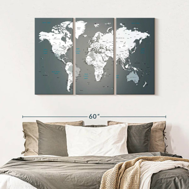 Ensemble de 3 pièces de carte du monde sur toile, H 45 po x l 28 po x P 1,25 po