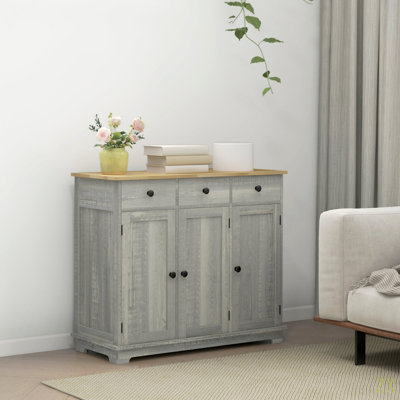 Sideboard With Solid Wood Countertop, Modern Kitchen Storage Cabinet, Coffee Bar Cabinet With 3 Drawers, Doors And Adjustable Shelf