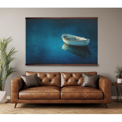 «Blue Boat on Water Tapisserie», impression sur toile nautique côtière avec crochets en bois