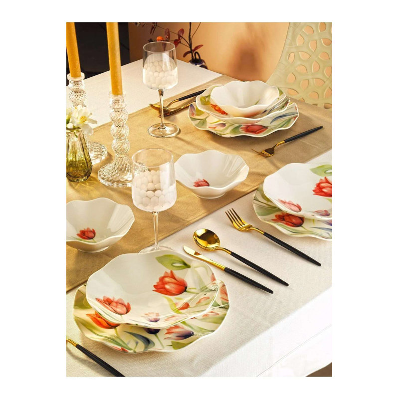 Ensemble de vaisselle en porcelaine tulipe décorative (ensemble de 18), Blanc/rouge
