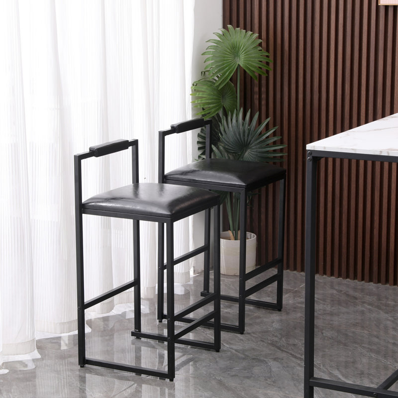 Elegant PU Leather Upholstered Bar Stool Set Of 2 With Backrest And Footrest For Comfortable Seating, Black