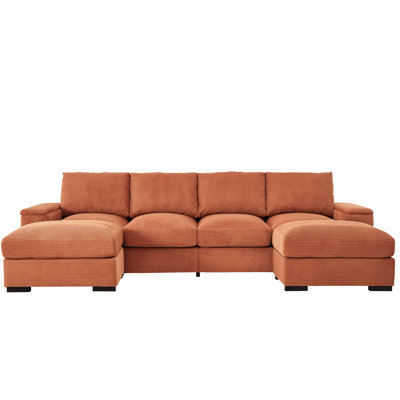 Spacious U-shaped Couch With Ottomans, Corduroy, Comfy Apartment And Office Furniture 4 Sectional Ottomans Arm Storage, Corduroy Upholstery, Orange