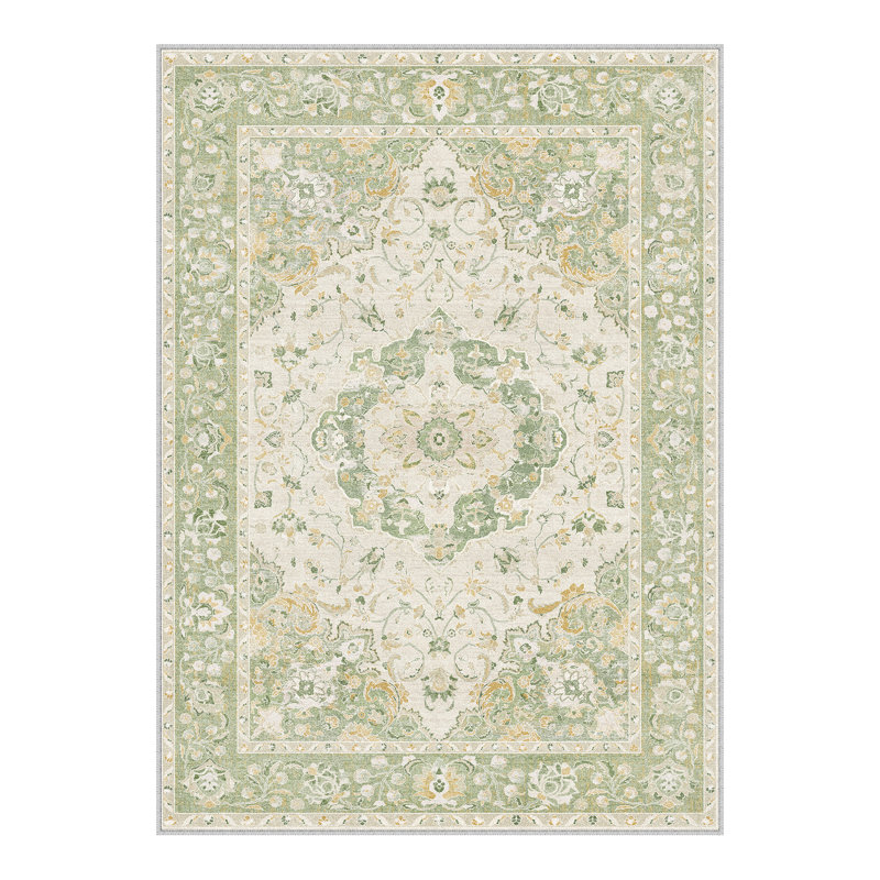 Tapis persan rétro Velora avec lavable à la machine et antidérapant, Green, Rectangle 5'x 7'