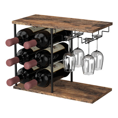 6 Bottle Tabletop Wine Bottle & Glass Rack Brown