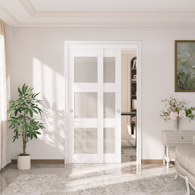 80" 3-Lite Frosted Tempered Glass Sliding Closet Door with Installation Hardware Kit & Handles