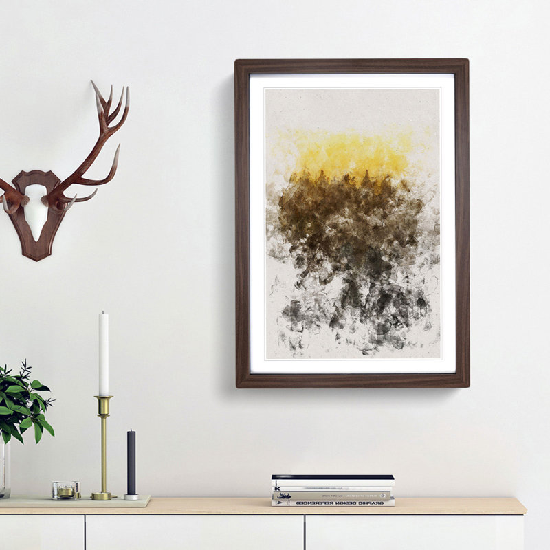 Yellow Sunrise over the Forest - Picture Frame Graphic Art Print, 33cm H x 24cm W x 2cm D, Walnut Framed