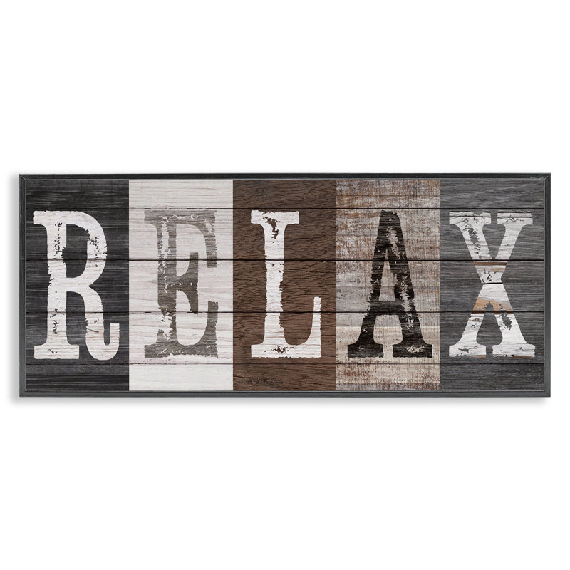 «Rustic Bathroom Relax Letters», estampe numérique, design par Susan Arnot, H 10 po x l 24 po, Giclée encadrée noir minuit