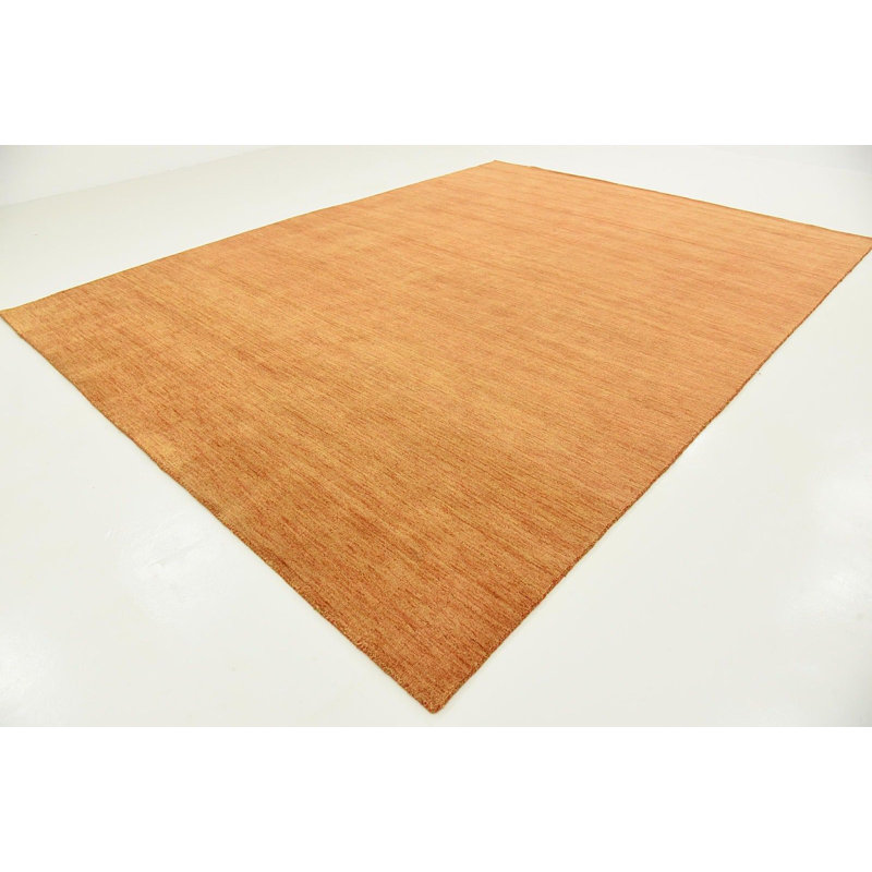 Tapis orange rond en laine noué à la main, Rectangle 9 pi 10 po x 13 pi