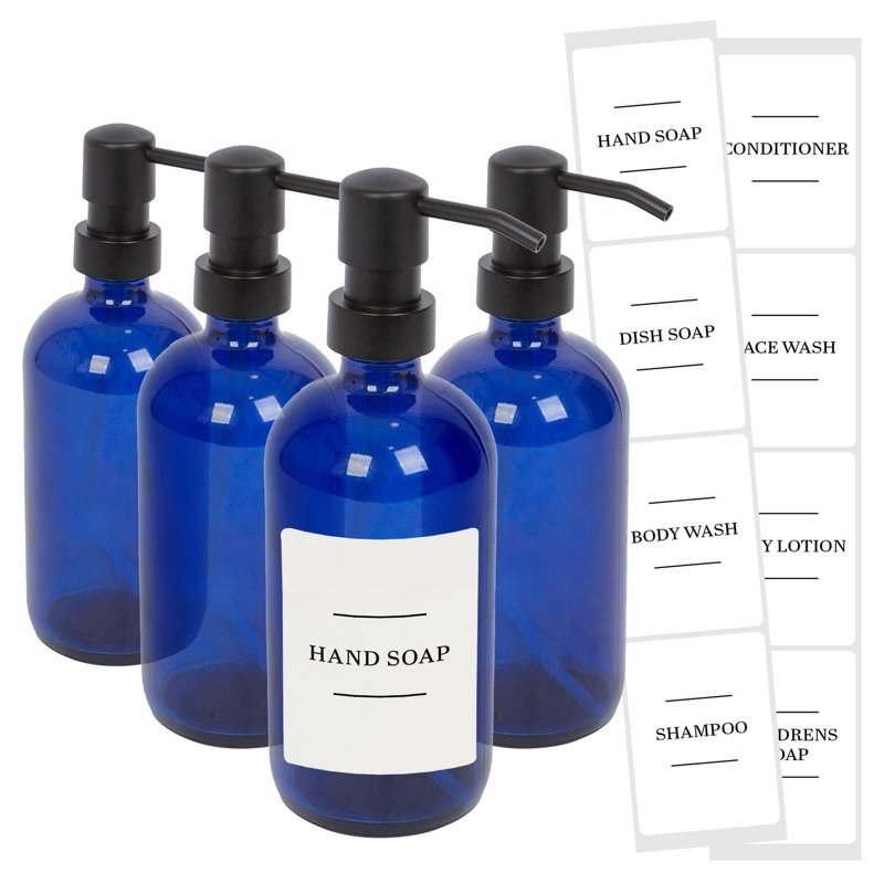 Glass Soap Dispensers with Labels - 500ml, Blue/White