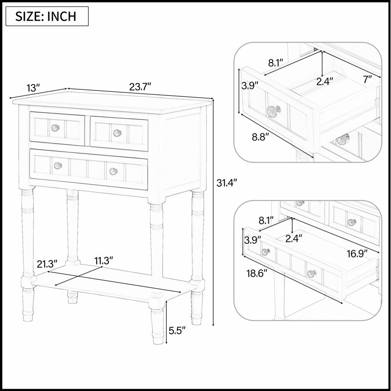Console étroite, canapé mince avec trois tiroirs de rangement et tablette inférieure en bleu clair, Bleu clair