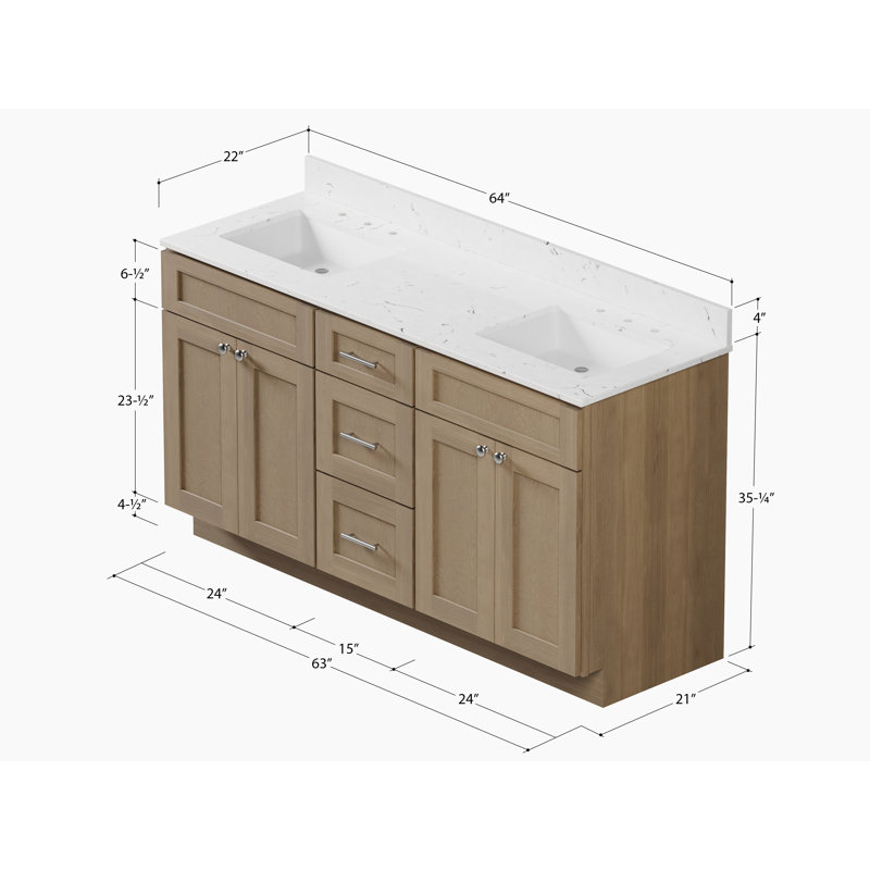 Meuble-lavabo double autoportant 63 po avec plateau en quartz Carrara, 63 po, 3 tiroirs, Chêne naturel