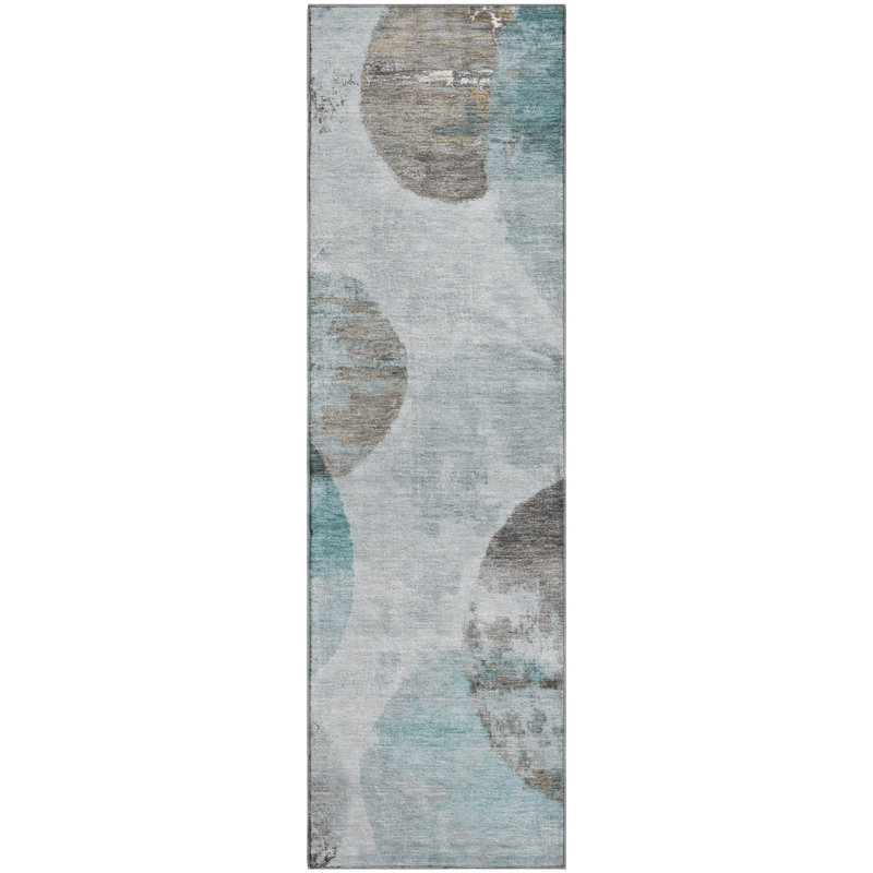 Premium Machine Washable Mayfield AMF2346 Abstract Rug, Teal, 2'3" x 7'6" Runner