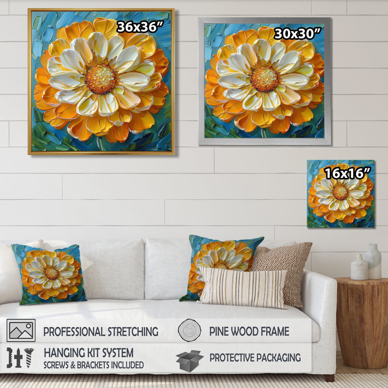 Peinture jaune jaune souci en fleurs I - décoration murale souci, Cadre flottant doré, H 16 po x l 16 po x P 1 po
