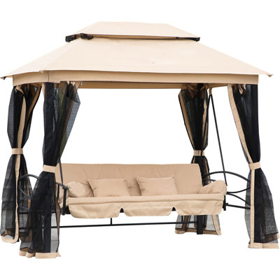Patio Swing Chair For 3 Persons, Beige, 2 Canopy, Cushioned Seat, Pillows, Modern Gazebo Beige Double Tier Canopy And Mesh Netting Outdoor